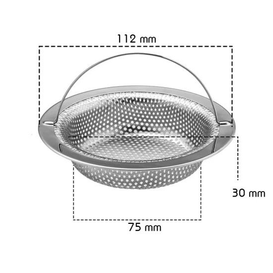 Gootsteen zeef groot - Ø112 - 75mm - ↕30mm - RVS met stang