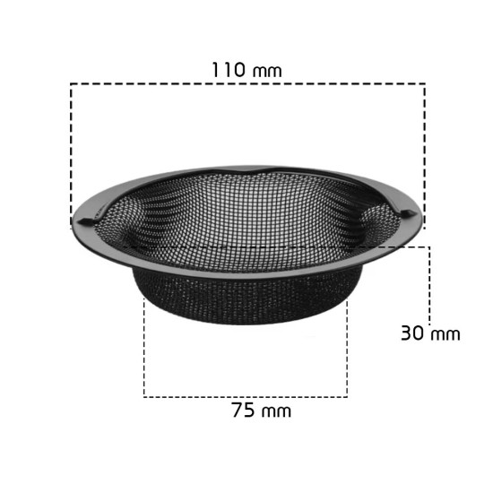 Gootsteen zeef groot - Ø110 - 75mm - ↕30mm  - Netje met stang diep zwart